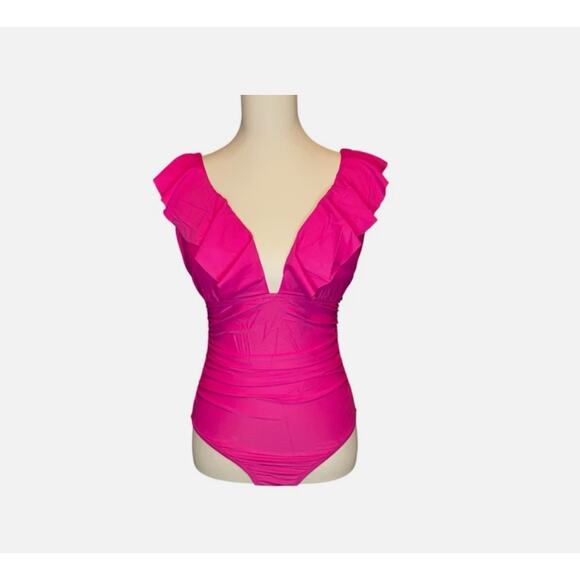 J Crew Womens 2 Pink Fuchsia One Piece V-Neck Ruffle Swimsuit Bathing Suit NWT - Picture 1 of 5